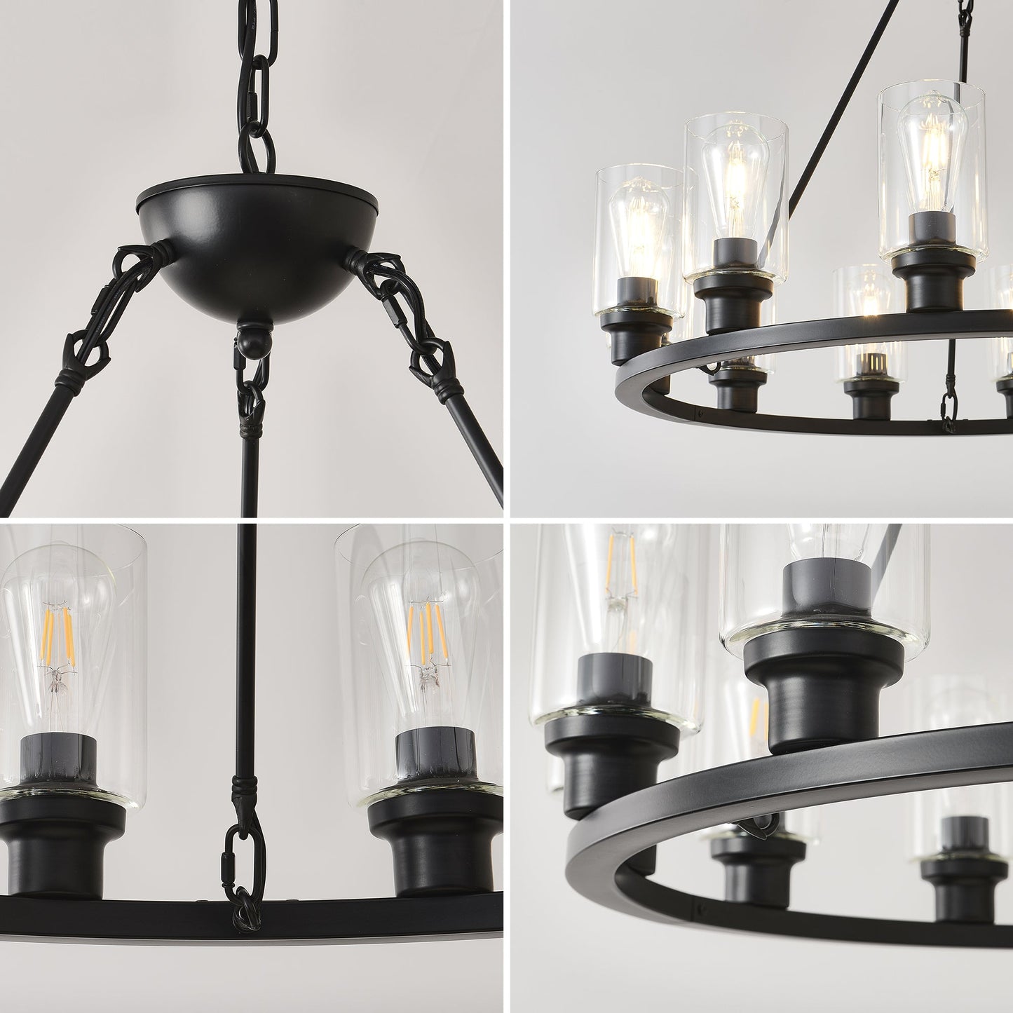 12-Light Black Wagon Wheel Chandelier, 31.5" Modern Farmhouse Glass Pendant