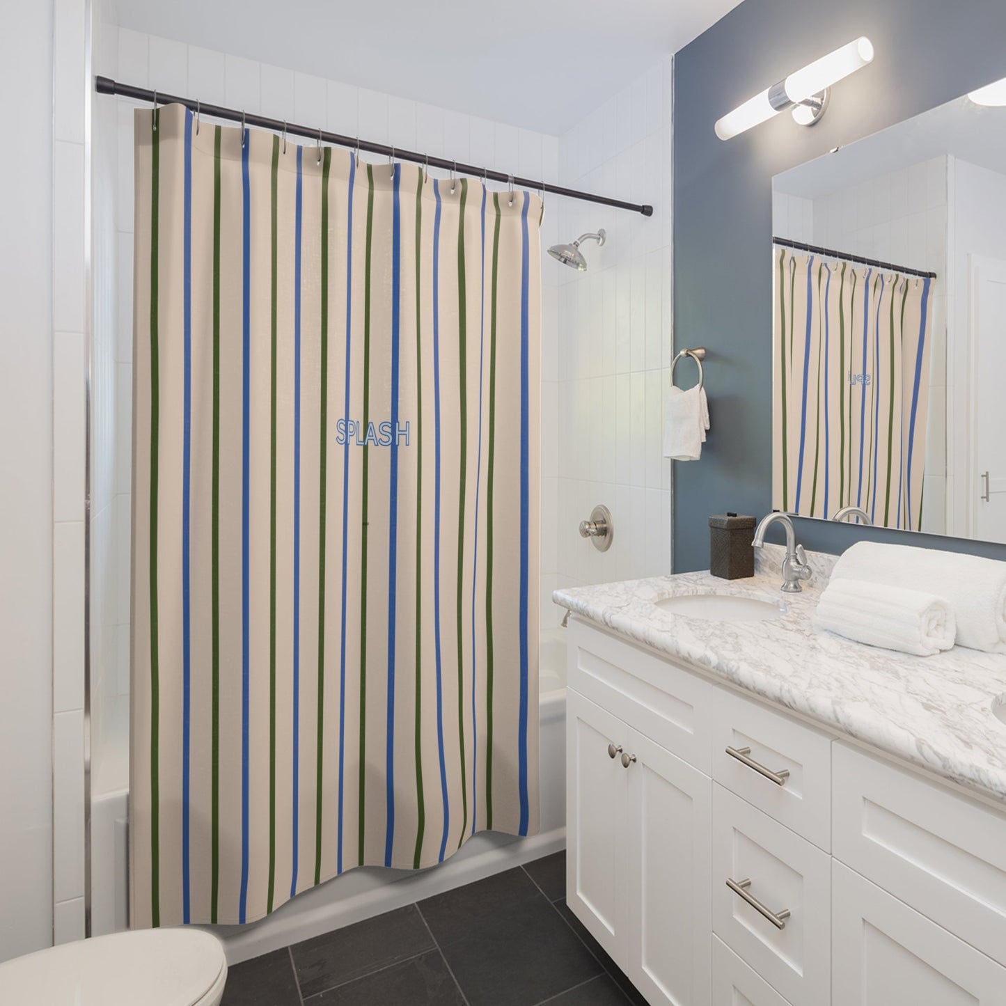 Playful 'SPLASH' Shower Curtain — Beige and Blue Modern Bath Curtain