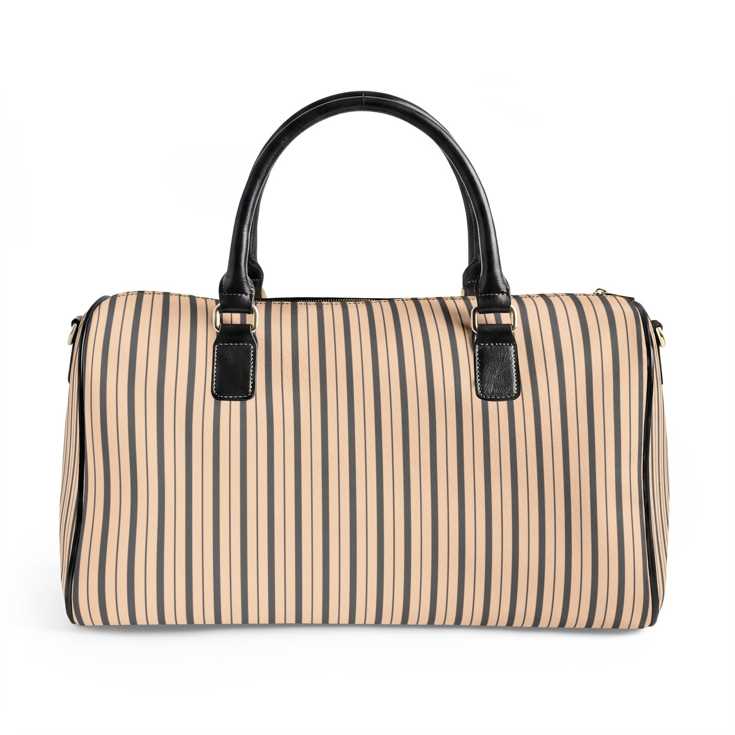 Modern Preppy Leather Travel Bag, BON VOYAGE – Grey/Tan Striped Weekender Duffle