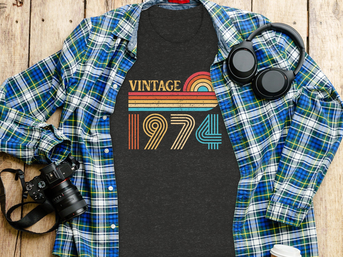 Vintage 1974 Retro Rainbow Distressed Design T-Shirt