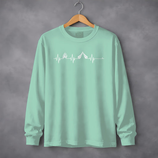 Camping Fire Tent Heartbeat Outdoor Adventure Long Sleeve T-Shirt