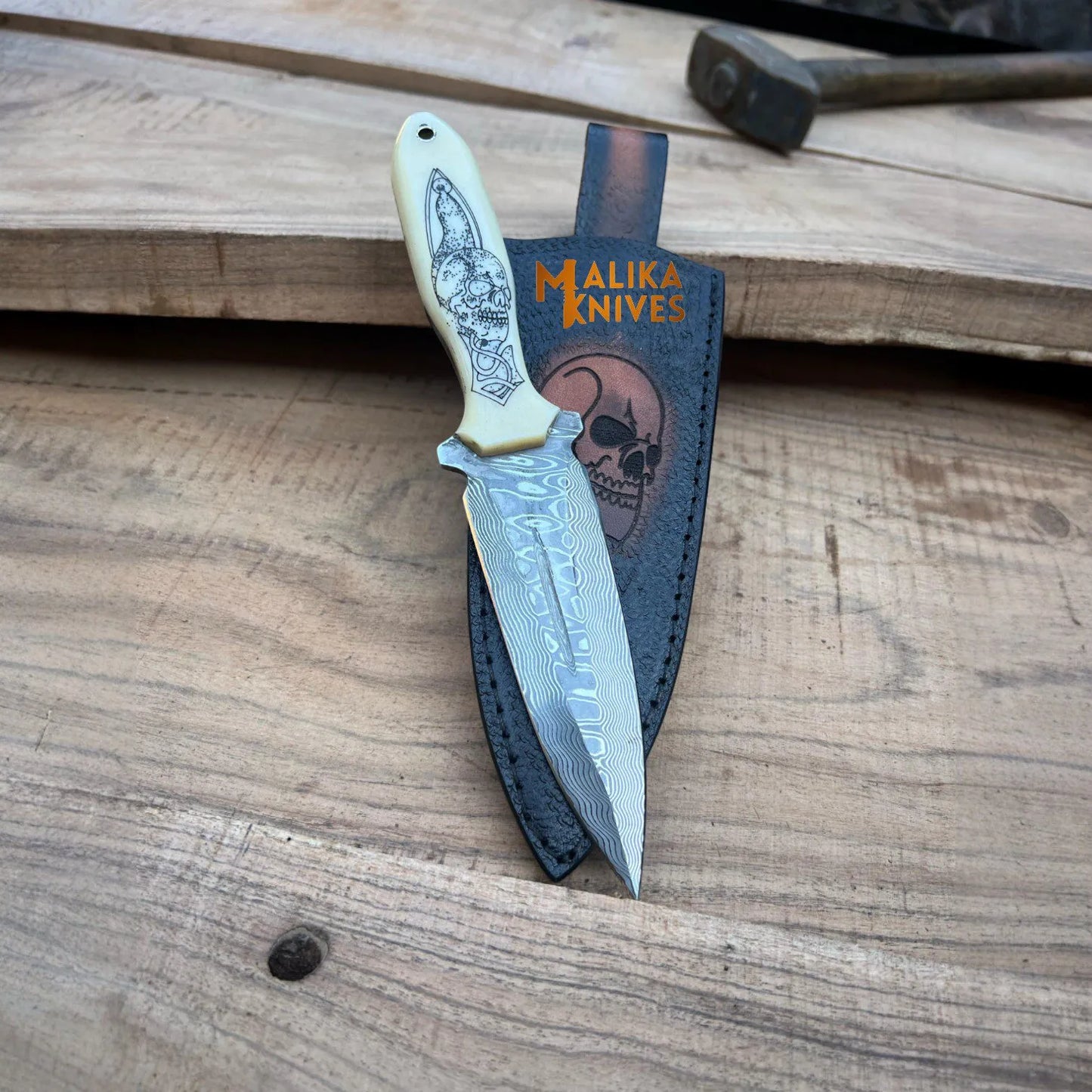 Custom Hunting Dagger Knife – Skull Engraved Camel Bone Handle