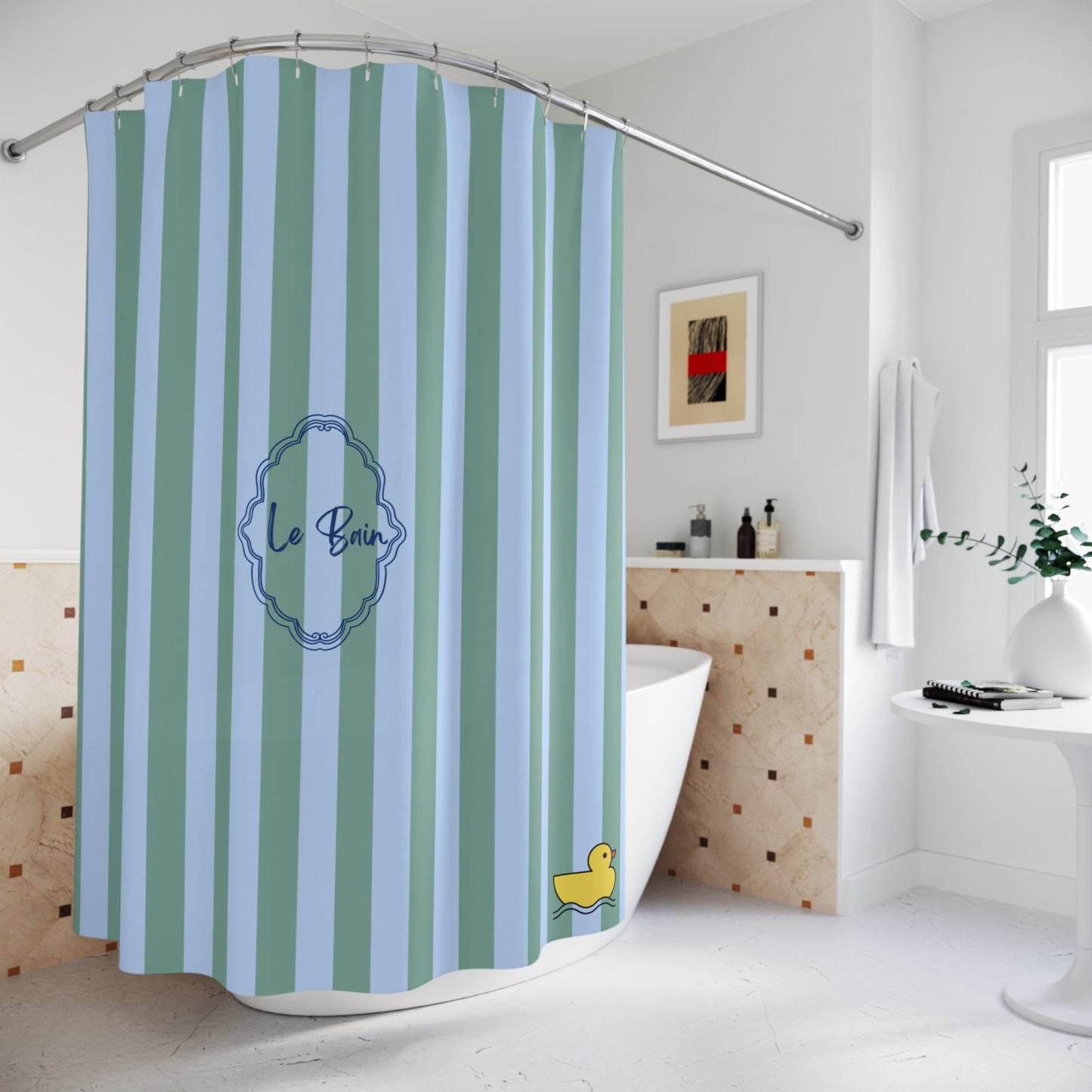 Striped Blue/Green Shower Curtain with Duck "Le Bain"  — French Kids Bathroom Decor