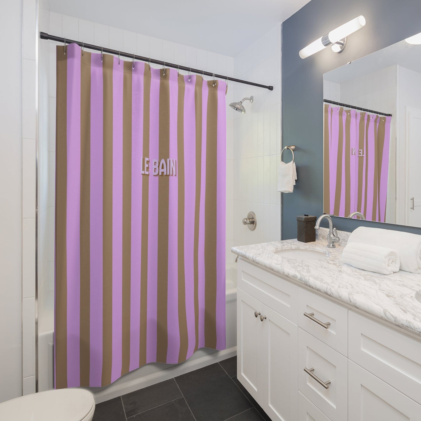 Modern Shower Curtain — 'Le Bain' Lilac & Brown Striped Bathroom Curtain