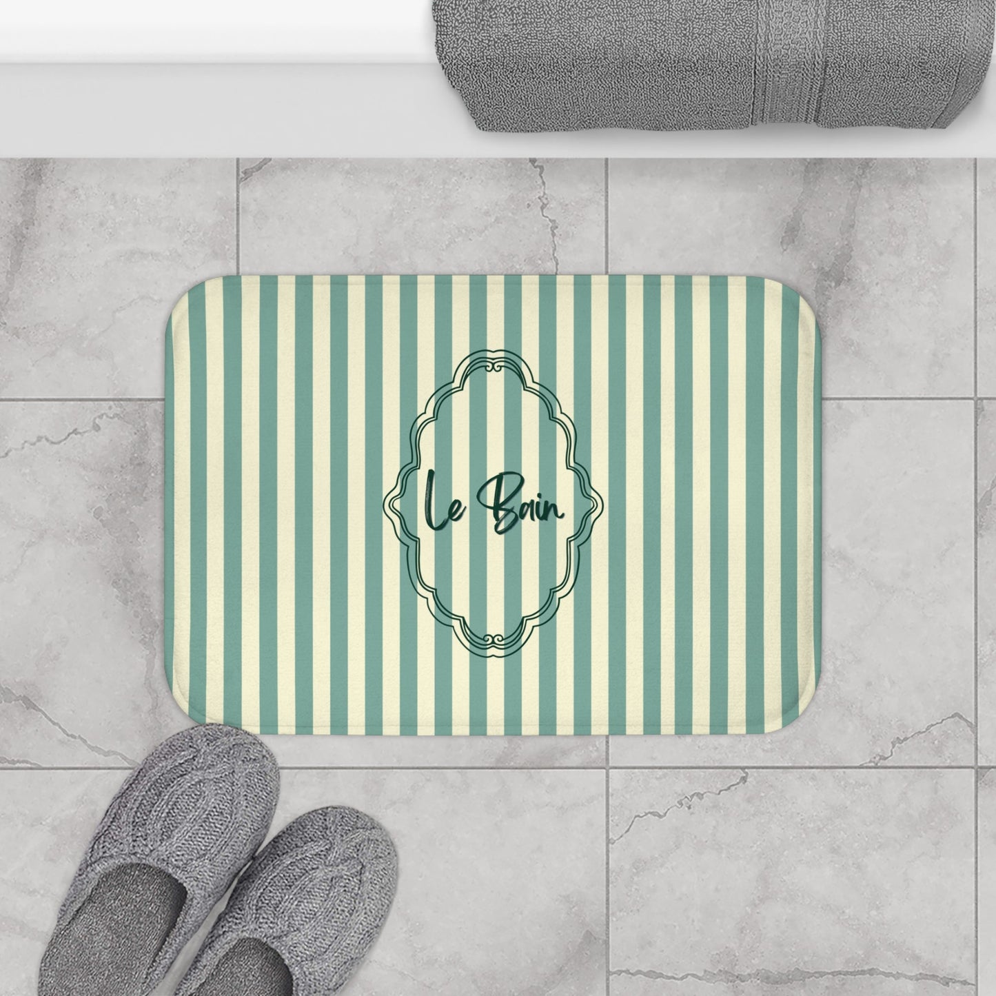Le Bain Striped Bath Mat — Coastal Green/Cream Bathroom Rug