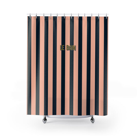 Le Bain Striped Shower Curtain - Salmon Pink & Navy Bathroom Decor
