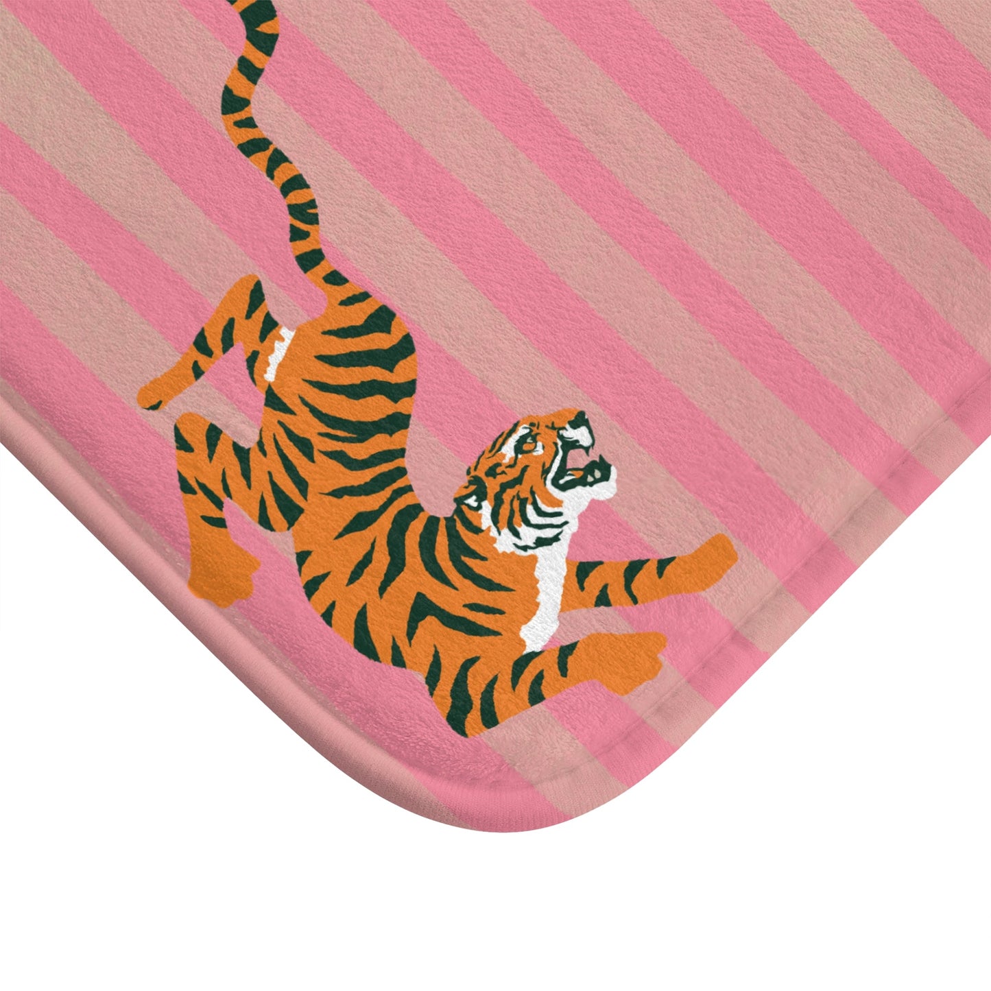 Fiercely Feminine Bath Mat - Pink Striped  Rug with Tigers