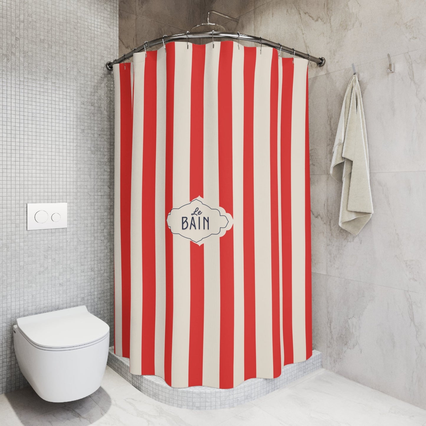 Shower Curtain — RED Striped French 'Le Bain' Bathroom Decor