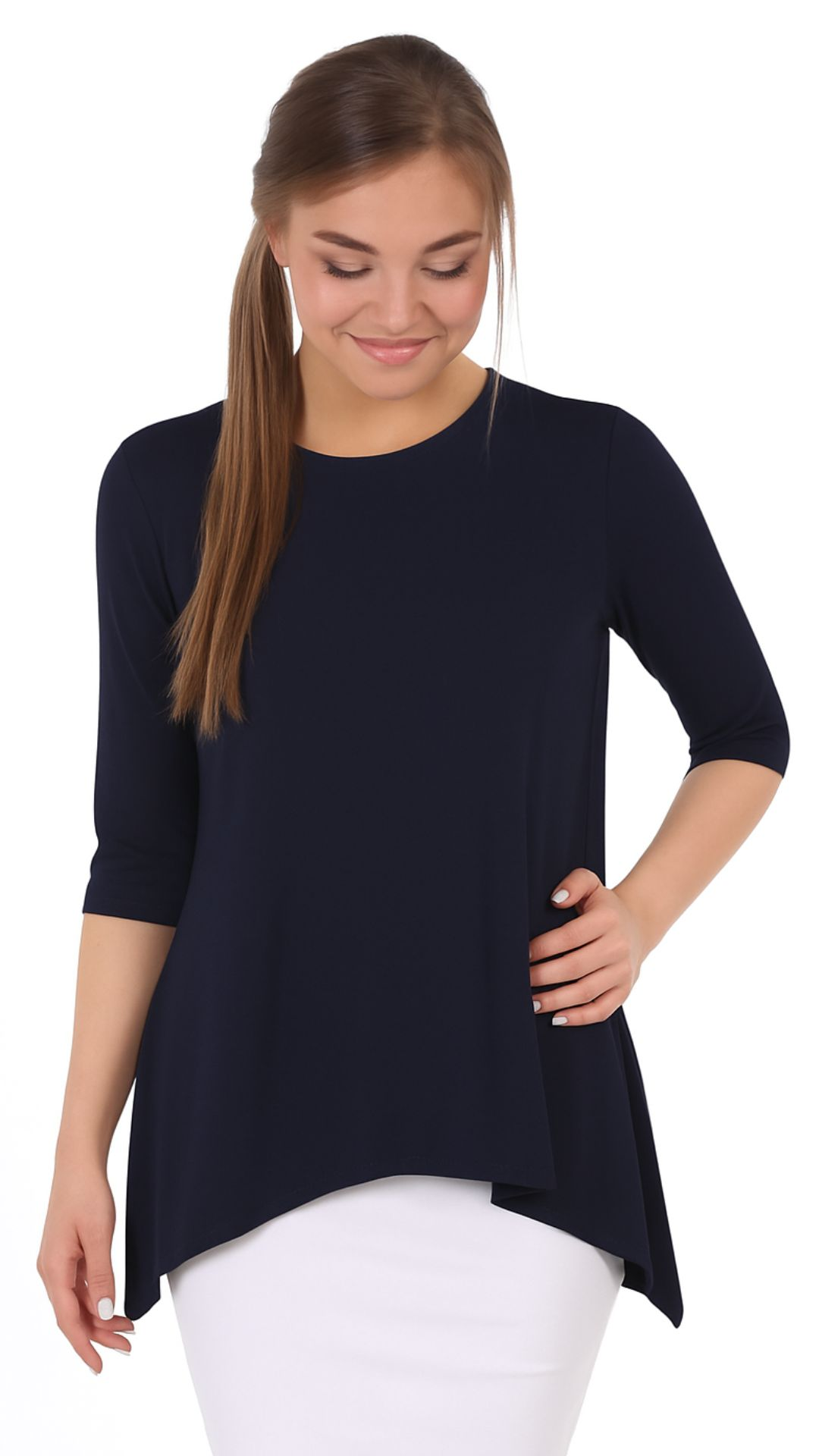 Modest Handkerchief Tunic Top - 3/4 Sleeve Comfort Flow Design - Solid Colors