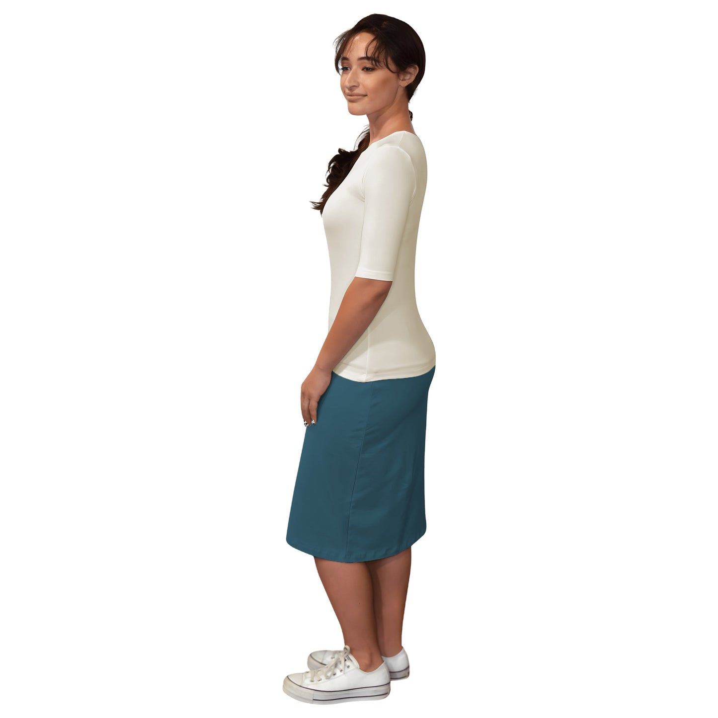 Women's and Plus Size Fitted Layering Shell - Modest Round Neck with Elbow Sleeves