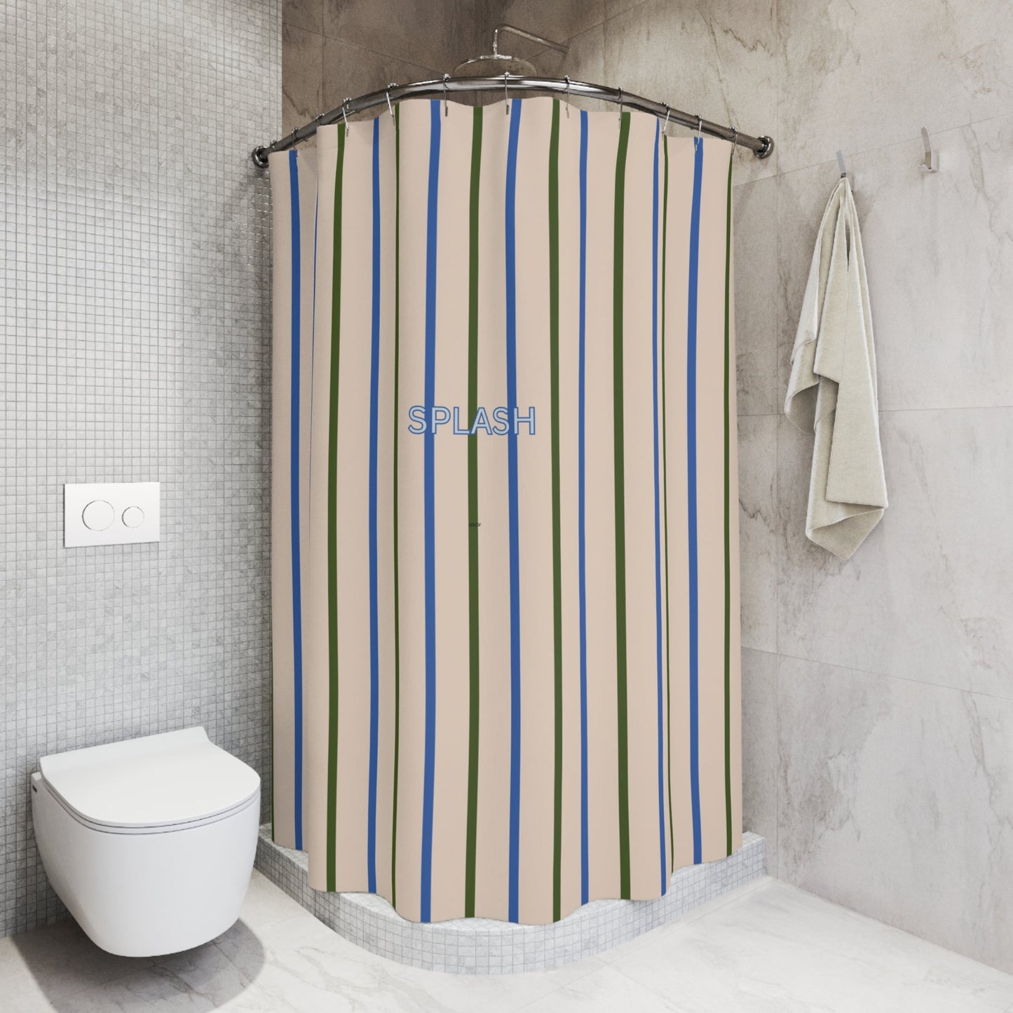 Playful 'SPLASH' Shower Curtain — Beige and Blue Modern Bath Curtain