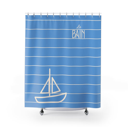 Baby Blue 'Le Bain' Shower Curtain — Striped Sailboat Kid's Bathroom Decor