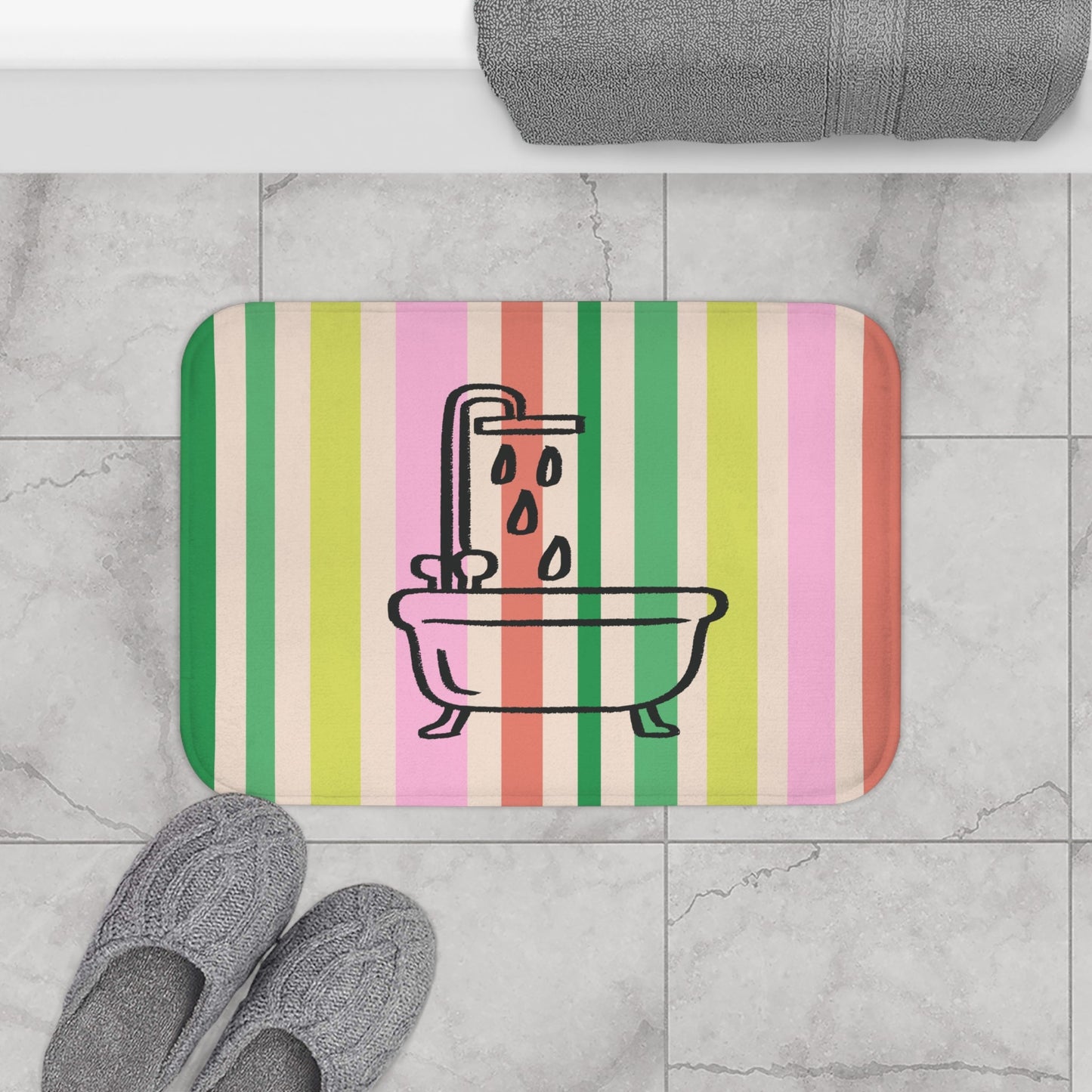 Striped Pastel Bath Mat with Bathtub Icon — Cute Bathroom Rug