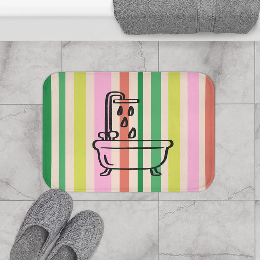 Striped Pastel Bath Mat with Bathtub Icon — Cute Bathroom Rug