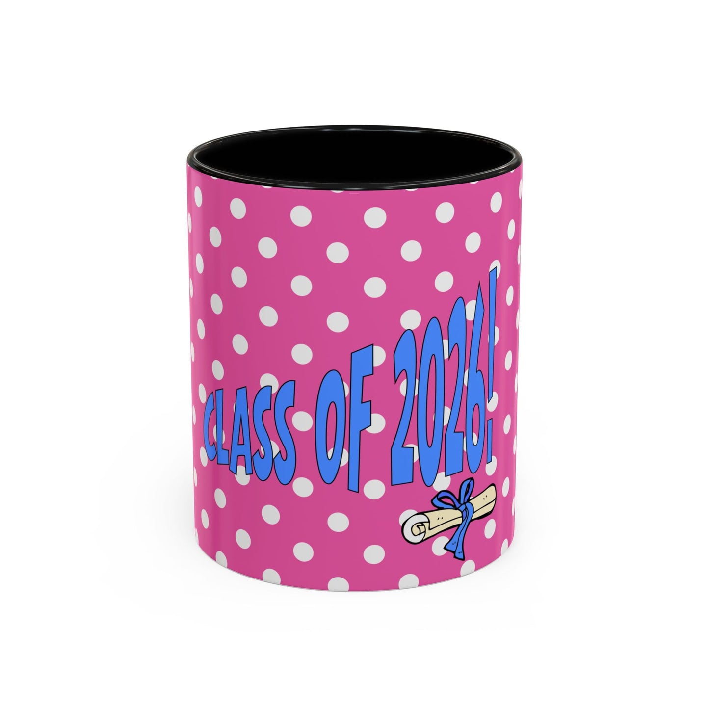 'Class of 2026' Pink Polka Dot Accent Mug, Fun Graduation Gift