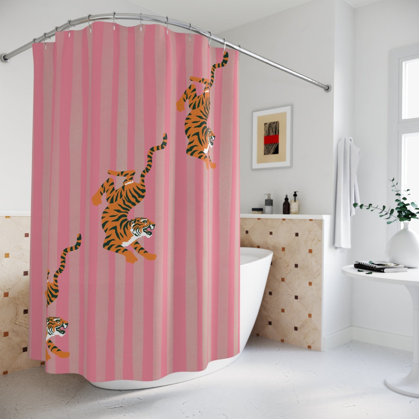 Pink Striped Tiger Shower Curtain — Fiercely Feminine Bathroom Decor