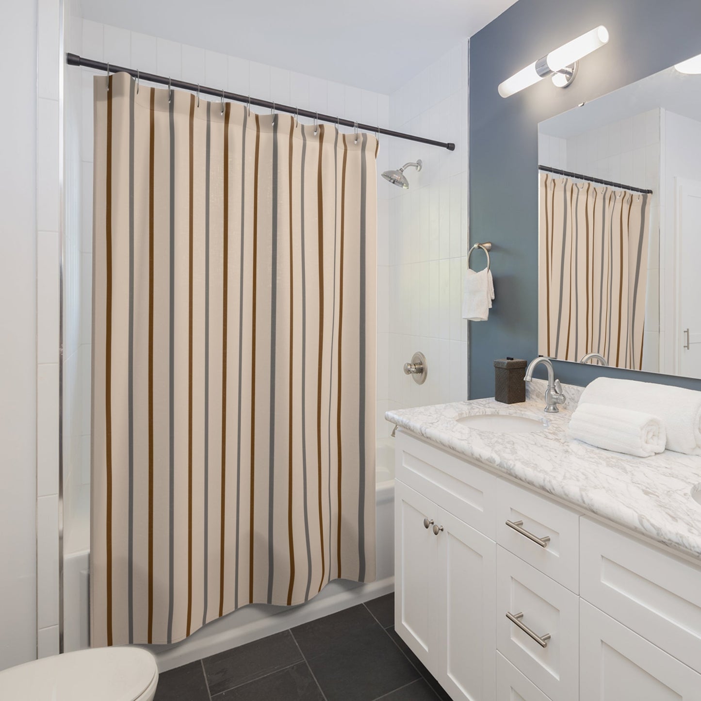 Neutral Vertical Stripe Shower Curtain — Beige & Taupe Modern Bathroom