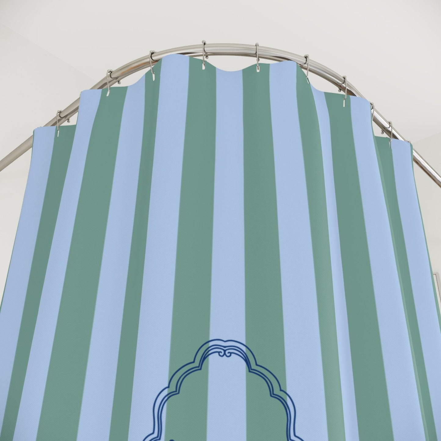 Striped Blue/Green Shower Curtain with Duck "Le Bain"  — French Kids Bathroom Decor