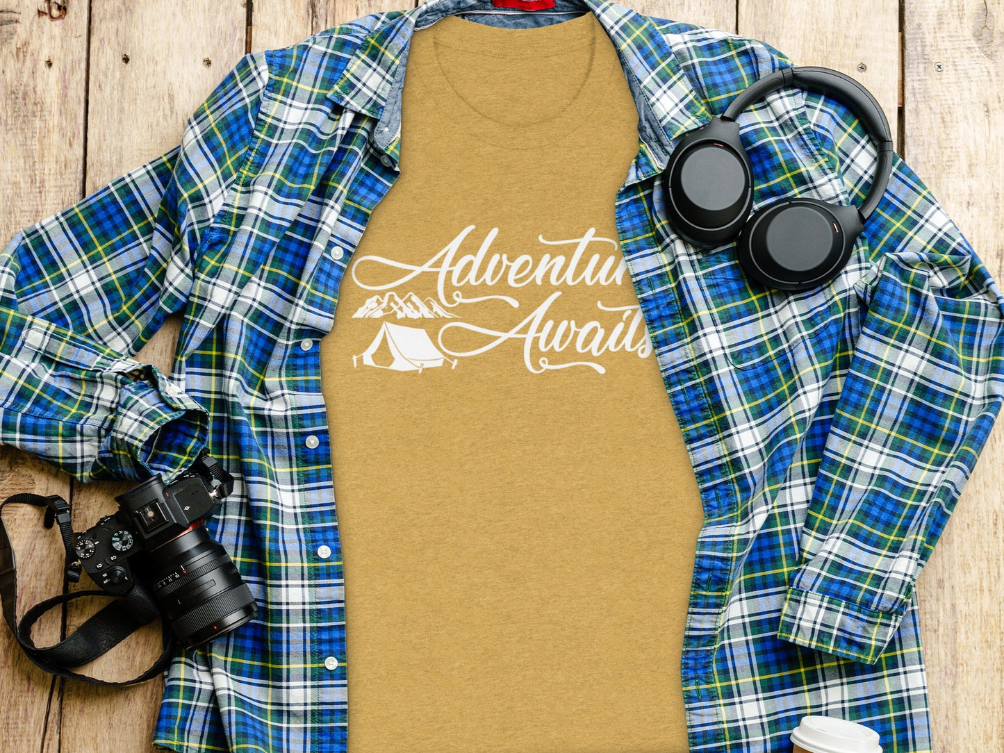 Adventure Awaits Tent Mountains Graphic Design T-Shirt