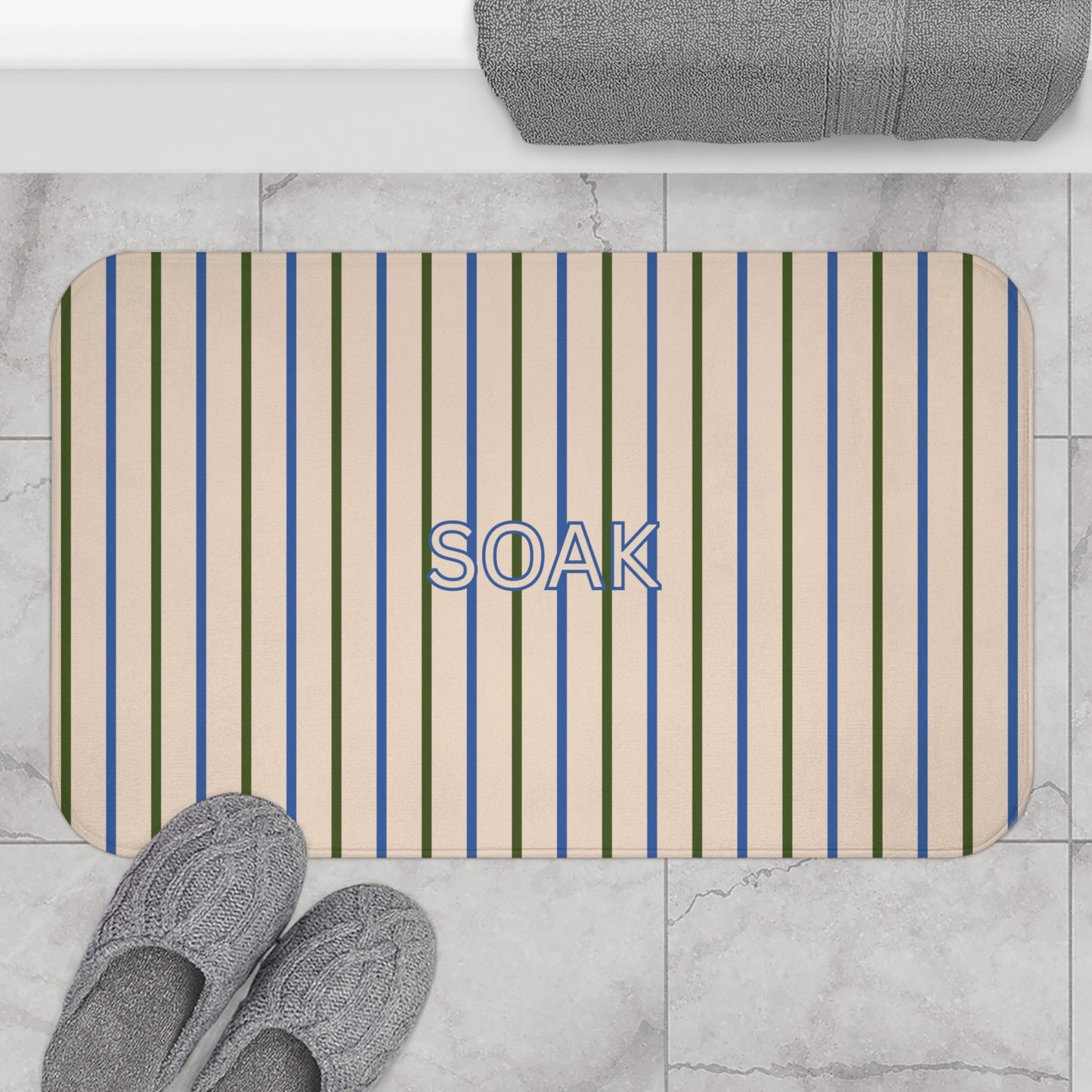 Coastal SOAK Striped Bath Mat — Blue & Beige Spa Bathroom Rug
