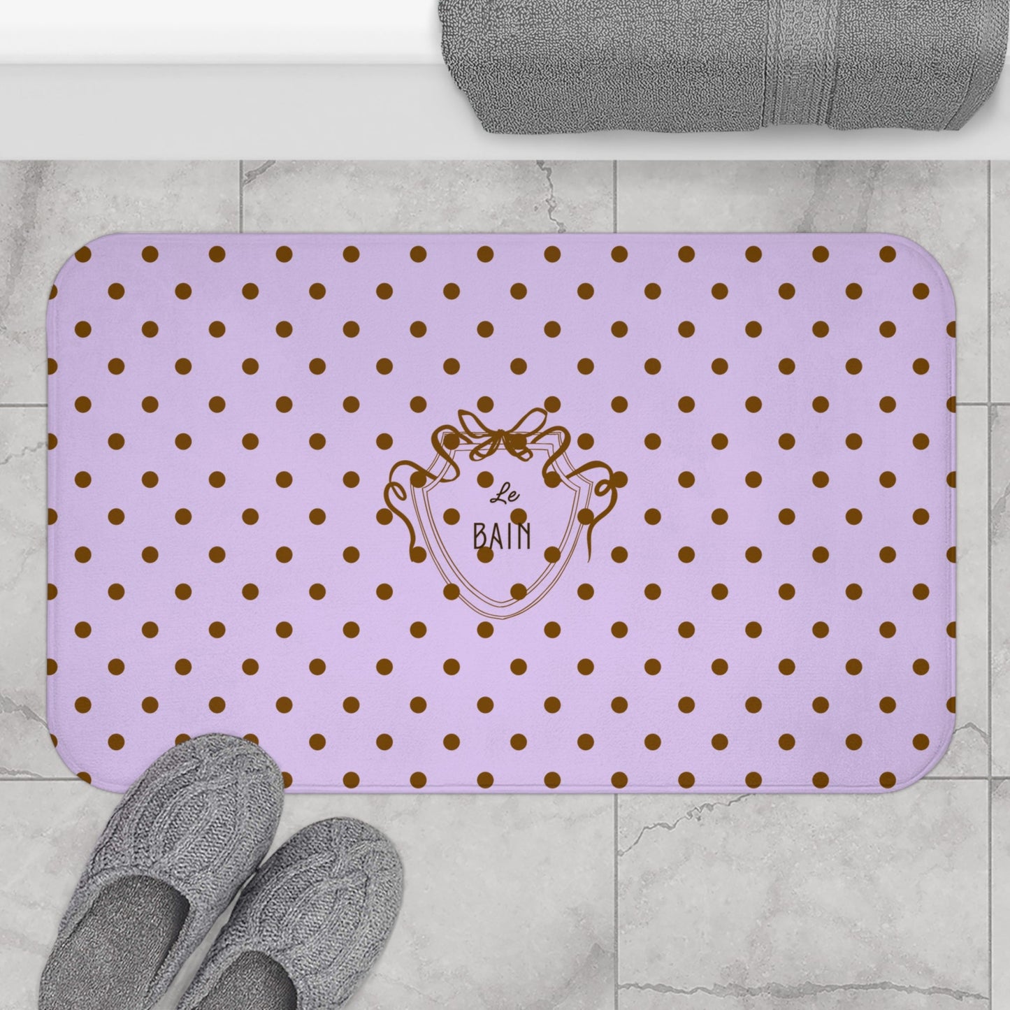 Polka Dot "Le Bain" Bath Mat — Lilac & Brown Bathroom Rug