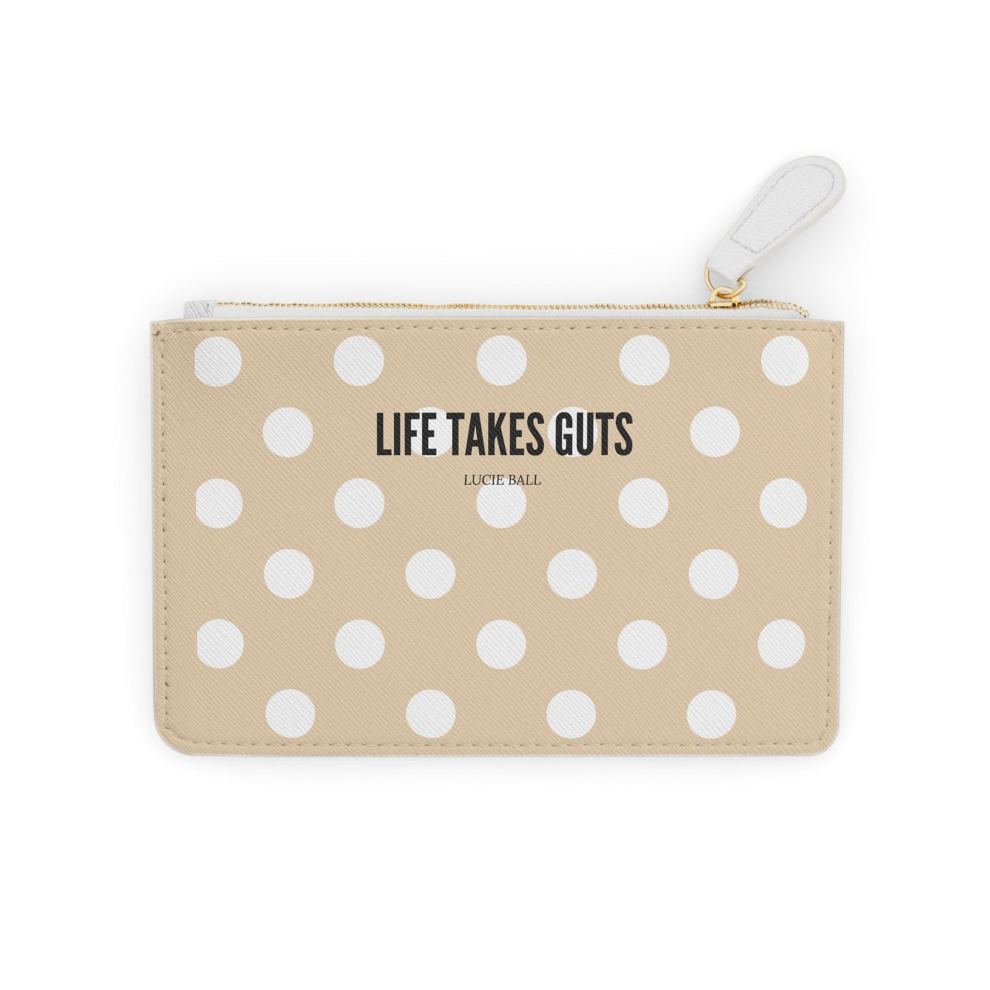 Mini Clutch Bag — Beige Polka Dot "Life Takes Guts"  Vegan Wallet