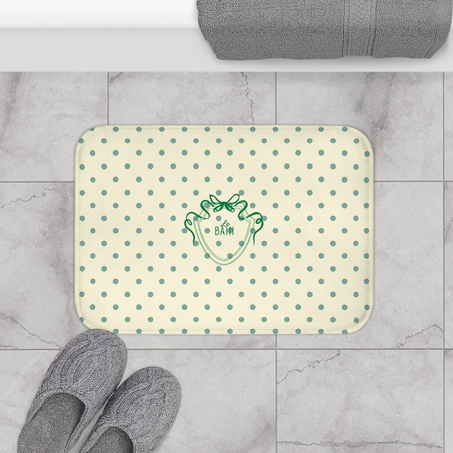 Polka Dot "Le Bain" Bath Mat — Cream & Sage Green Bathroom Rug