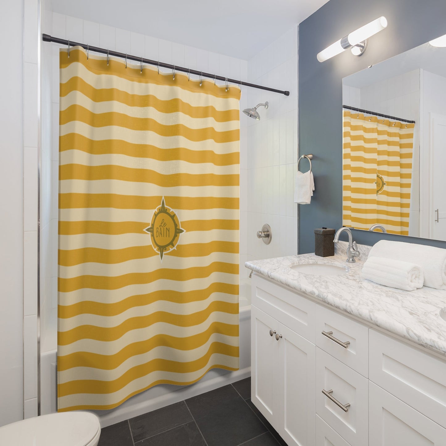 Striped Yellow Shower Curtain – 'Le Bain' French Bathroom Accent