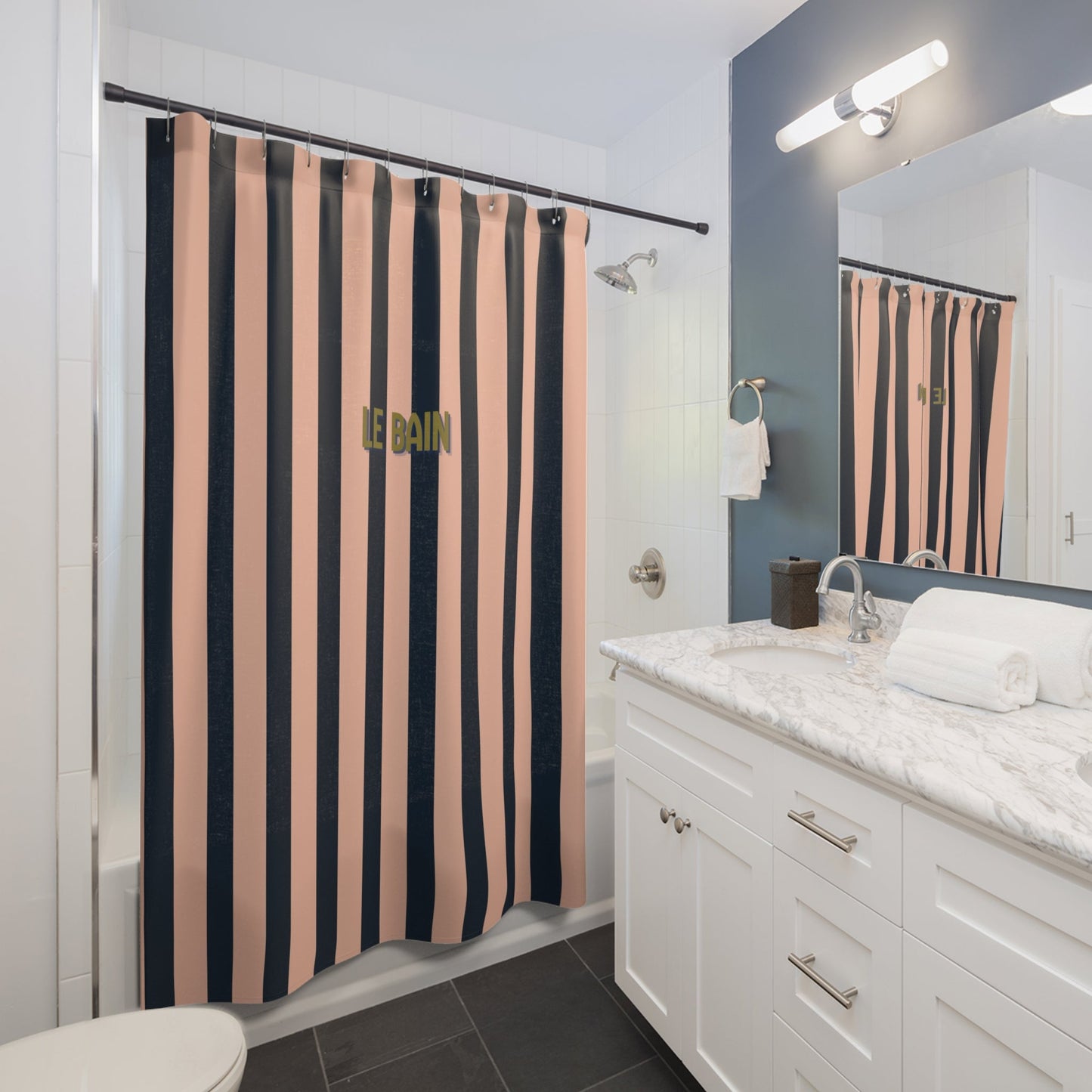 Le Bain Striped Shower Curtain - Salmon Pink & Navy Bathroom Decor