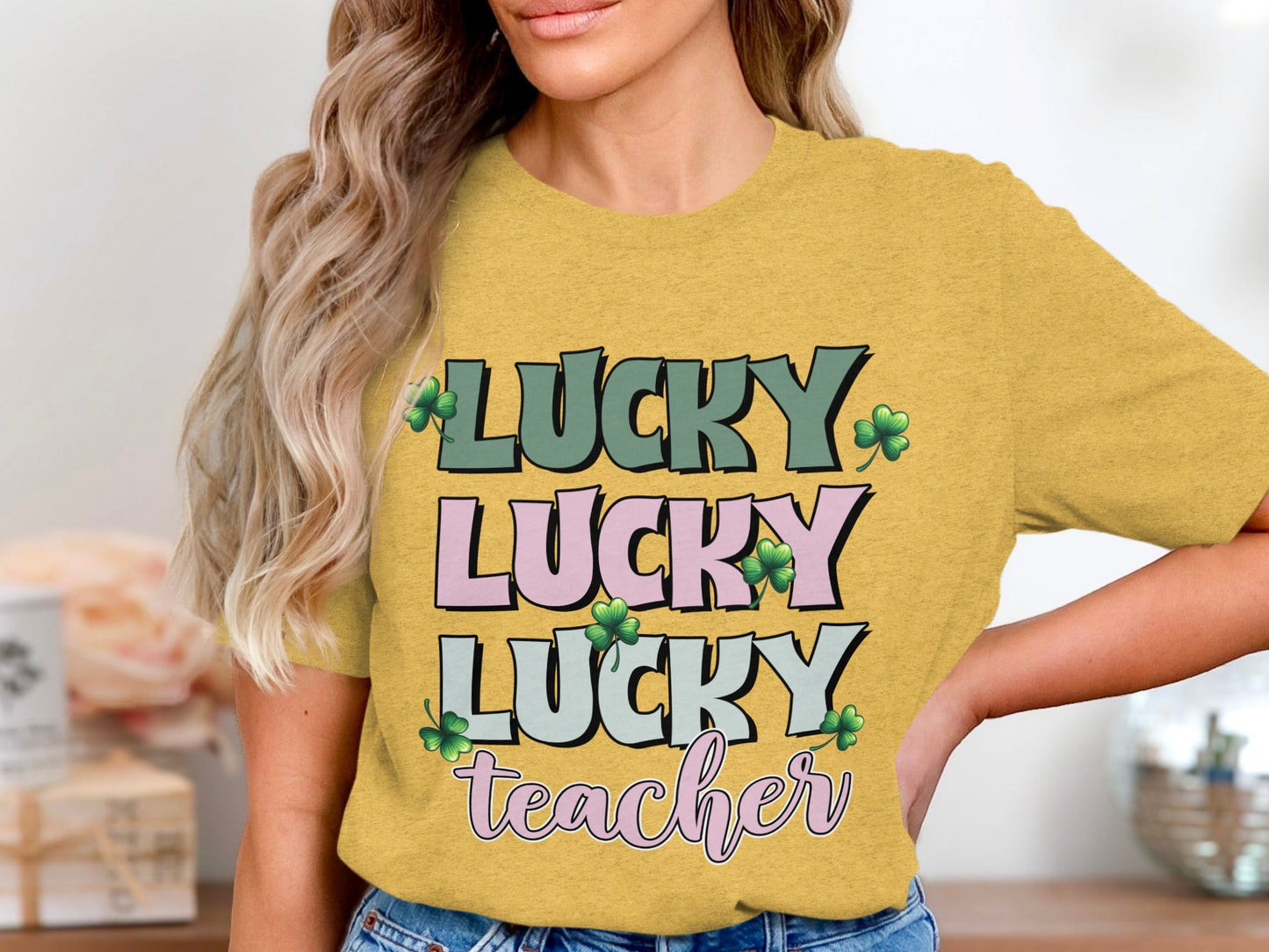 Lucky Lucky Lucky Teacher with Clovers St Patricks Day T-Shirt