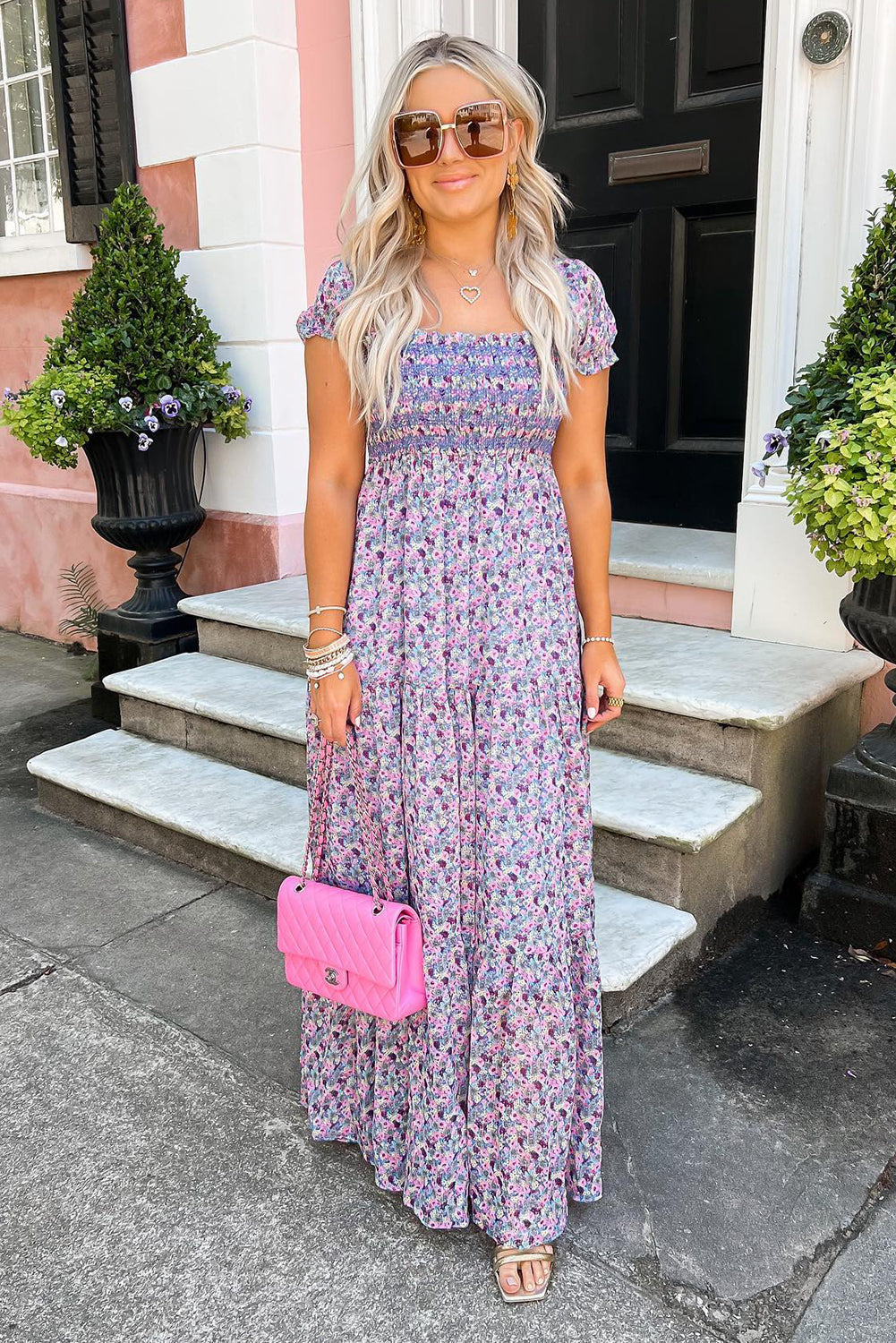 Purple Floral Short Bubble Sleeve Smocked High Waist Maxi Dress
