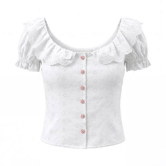 Lace Collar Niche Bubble Sleeve White Shirt Women Elegance Retro Single Breasted Hollow Out Cutout Embroidered Waist Tight Sexy Small Top