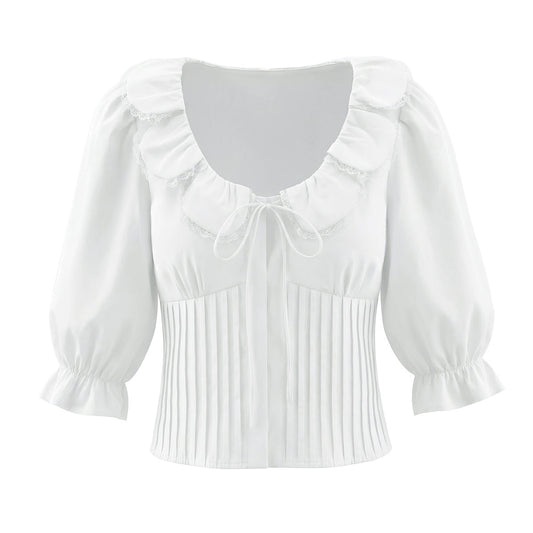 French Sweet Design Petal Scoop Lace Stitching Ruffle Slim Shirt Solid Color Tied Top