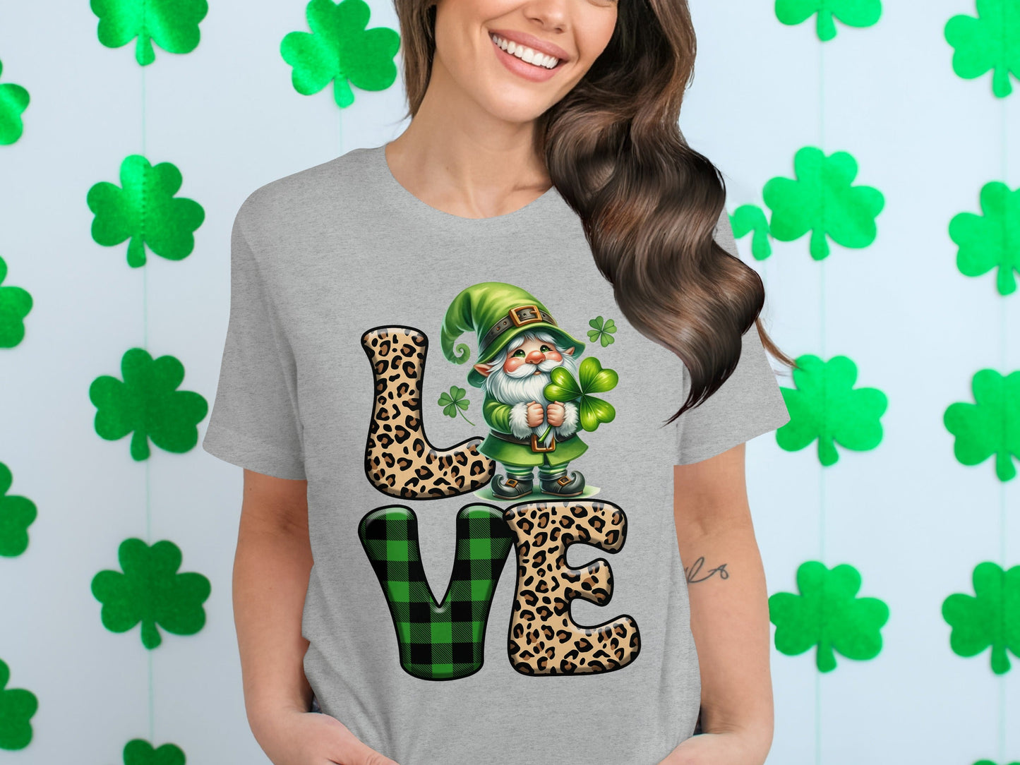 St Patricks Day Gnome T-Shirts, Leopard Print LOVE, Lucky Clover T-Shirts, Irish T-Shirts, Green Plaid T-Shirts, Unique St Paddys Day