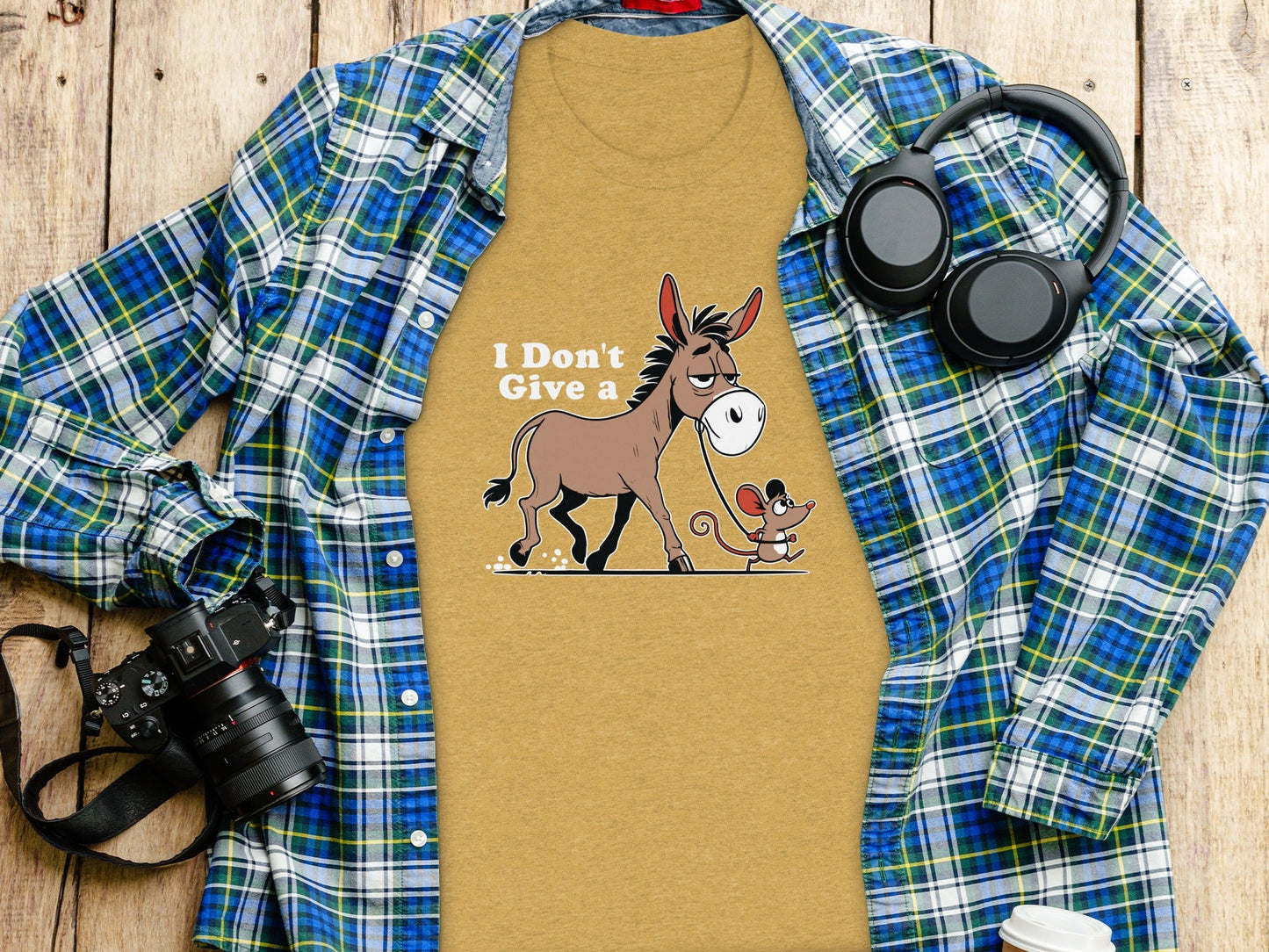 Funny Mouse Walking a Donkey Cartoon Graphic T-Shirt