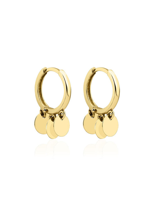14K Gold 3 Round Sequin Dangle Huggie Earrings