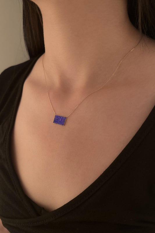 14K Gold Amethyst Stones Designed Rectangle Necklace
