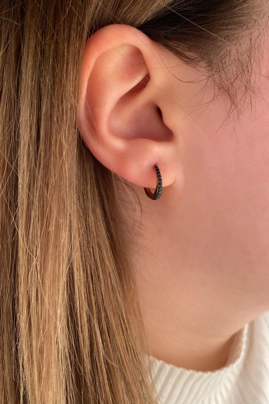 14K Gold Black Stone Huggie Hoop Earrings