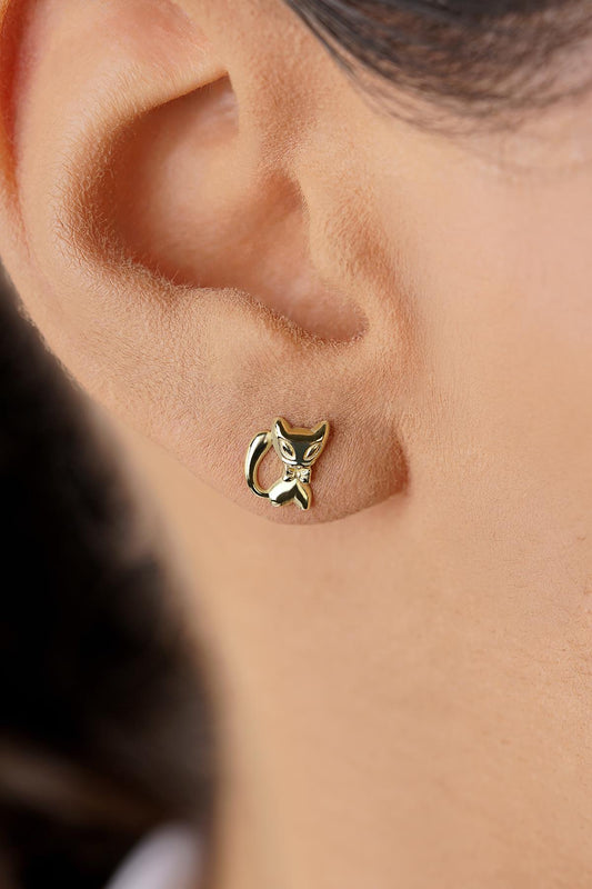 14K Gold Cat Shaped Stud Earrings
