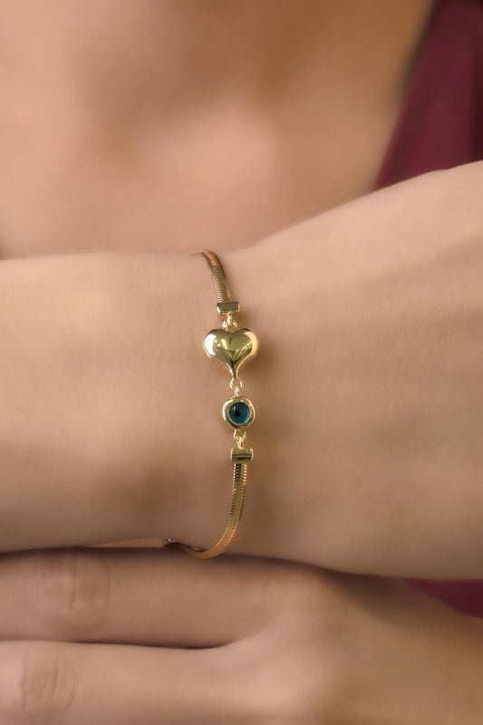 14K Gold Classic Snake Chain Bracelet With Puffy Heart Evil Eye Charm
