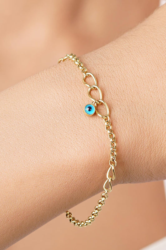 14K Gold Evil Eye Dangle Rolo Bracelet