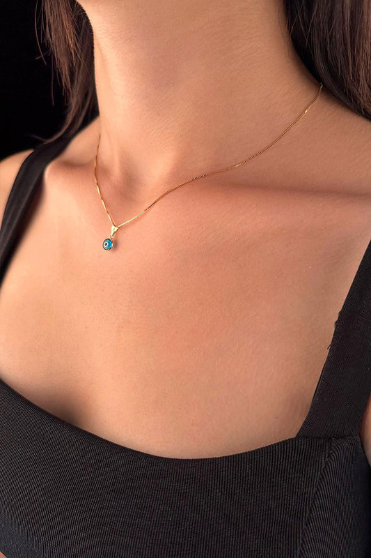 14K Gold Fine Box Chain Evil Eye Necklace