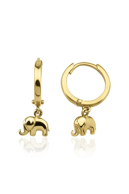 14K Gold Huggie Earrings Elephant Dangle