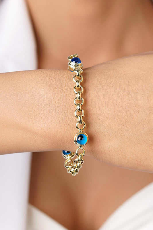 14K Gold Medium Rolo Chain 3 Evil Eye Bracelet