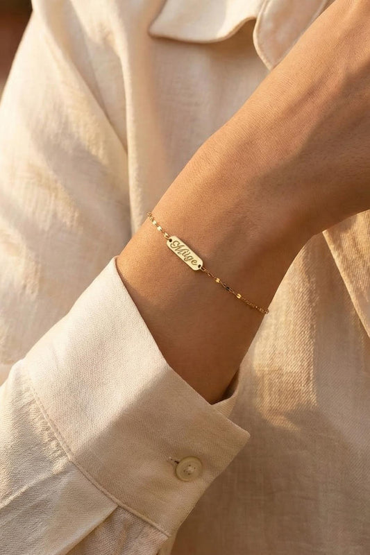 14K Gold Mirror Chain ID Plate Bracelet