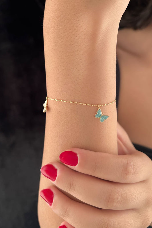 14K Gold Multi Color Enamel Butterfly Charm Bracelet 2