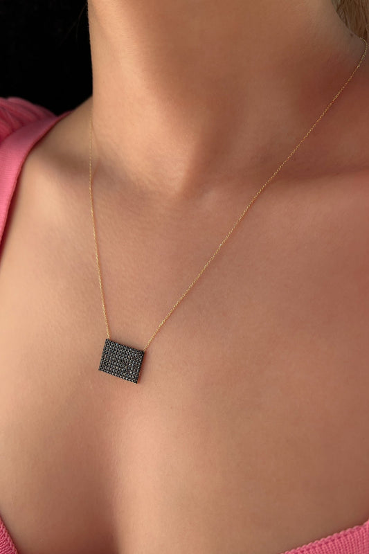 14K Gold Onyx Stones Designed Rectangle Necklace