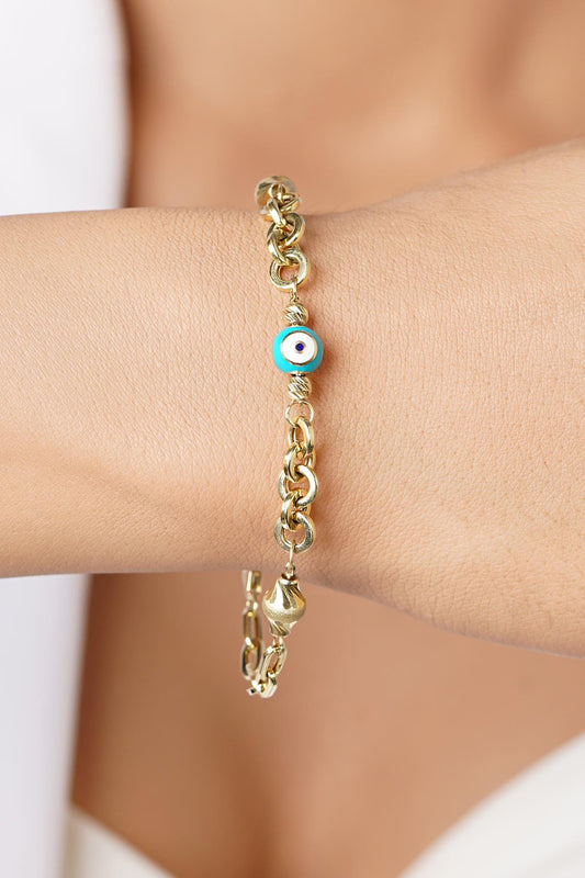 14K Gold Paperclip Evil Eye Special Designed Bracelet