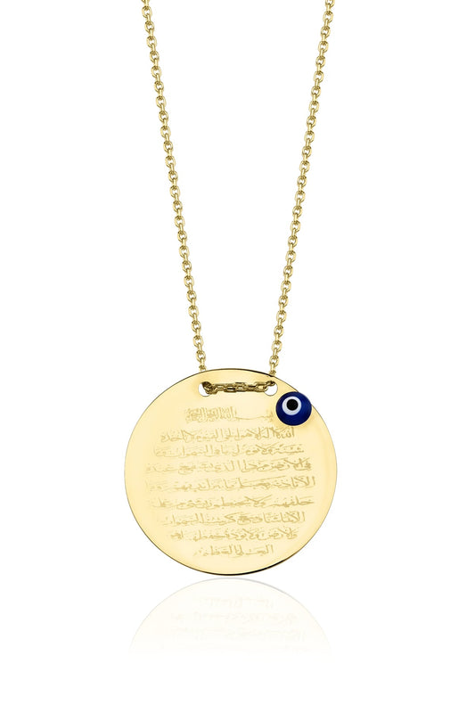 14K Gold  Prayer Protection Written Round Evil Eye Necklace