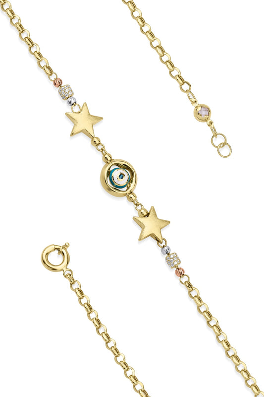 14K Gold Rolo Bracelet With Stars & Evil Eye